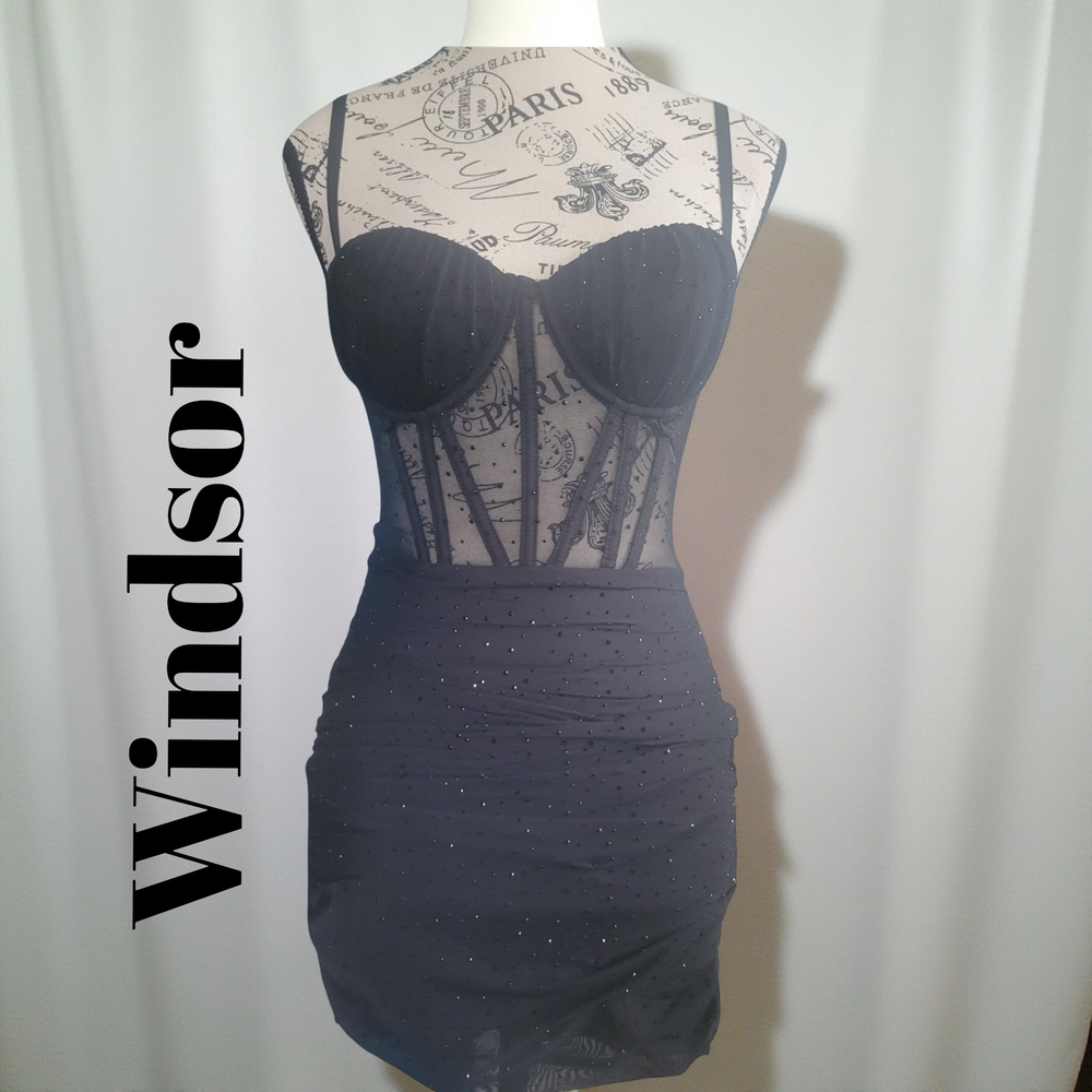 Windsor Black Sheer Corset Mini Dress with Rhinestone Detail